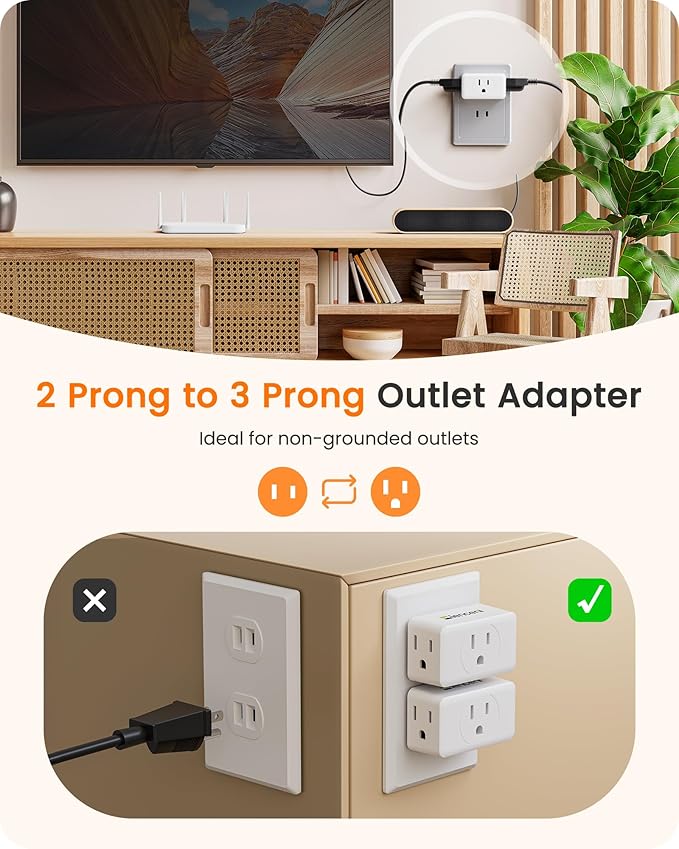 LENCENT 2 Prong to 3 Prong Outlet Adapter,Wall Plug Extender,Multiple Outlet Wall Plug with 3 AC Outlets,Non Grounded Outlets Expander for Japan Travel Kitchen Office Bathroom Older House,4 Pack