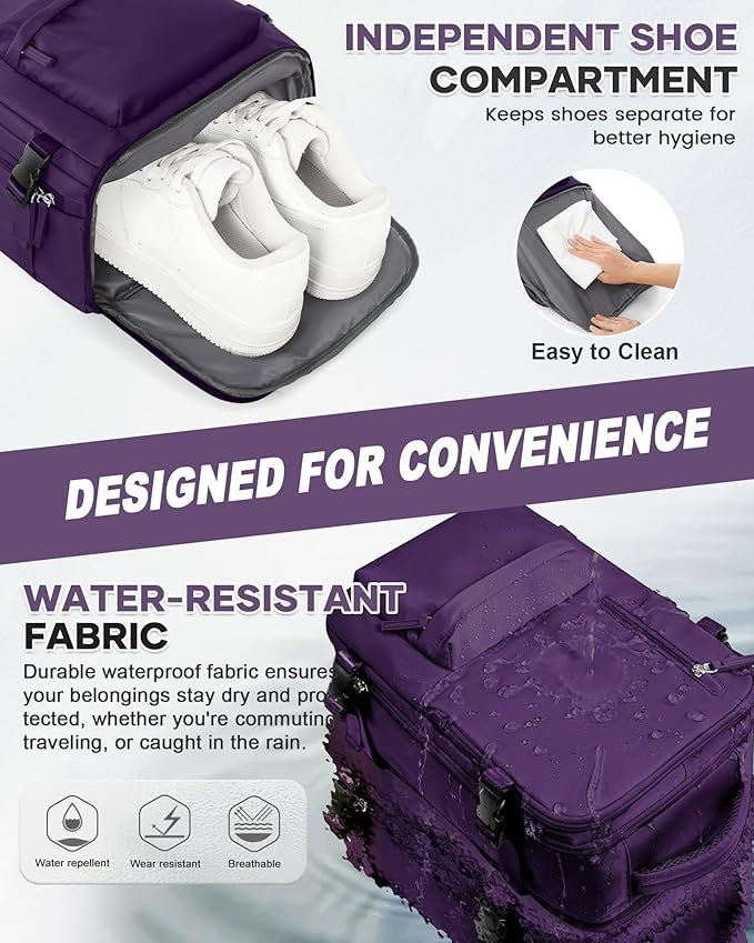 WONHOX Large Travel Backpack Women,Carry On Laptop Backpack Flight Approved,Mochila De Viaje Men Hiking Waterproof Rucksack Casual Daypack with Shoes Compartment,Personal Item Travel Bag Dark Purple