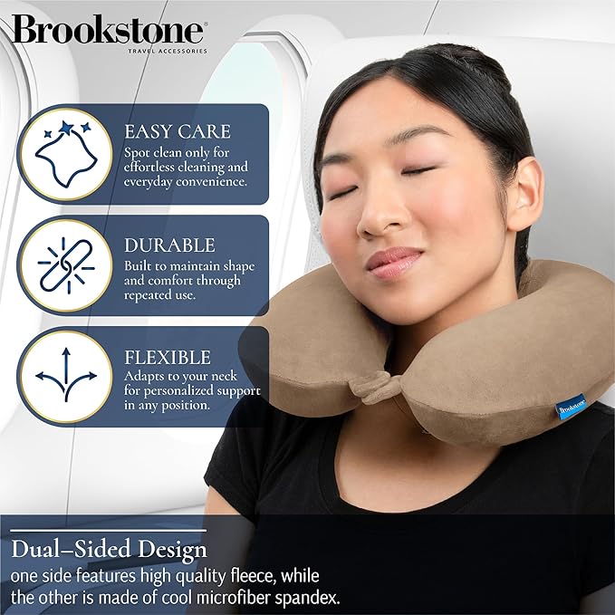 Brookstone Travel Neck Pillow - Lightweight U-Shaped Memory Foam Travel Pillow for Airplane, Car Travels & Sleeping, Khaki