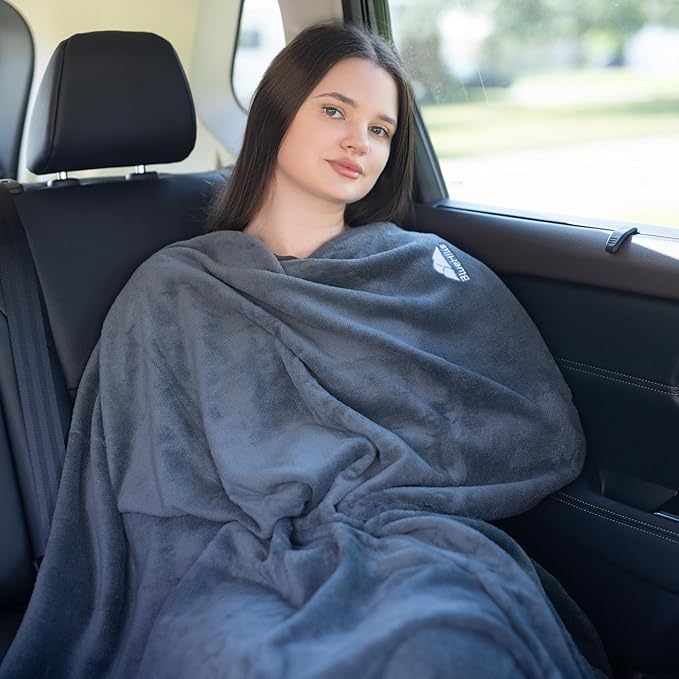 BlueHills Travel Blanket Pillow in Mini Soft Case Premium Plush Airplane Blanket Soft Bag Compact Pack with Luggage Belt and Backpack Clip Small Lightweight Traveling Plane Essentials - Grey Gray M01