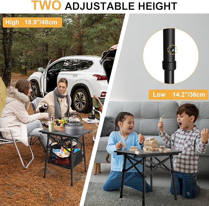 Folding Camping Table - Small Outdoor Table with Storage Bag - Adjustable Height 14.2'' & 18.9'', Portable Lightweight Aluminum Foldable Side Table for Picnic, BBQ, Beach & Tailgating (Small)