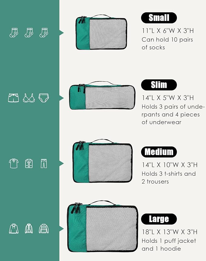 WTREE 4-Piece Packing Cubes Travel Accessories Set for Suitcases - Luggage Organizer Bags with Double Zipper - Mesh Top - Small/Medium/Large/Slim - Green
