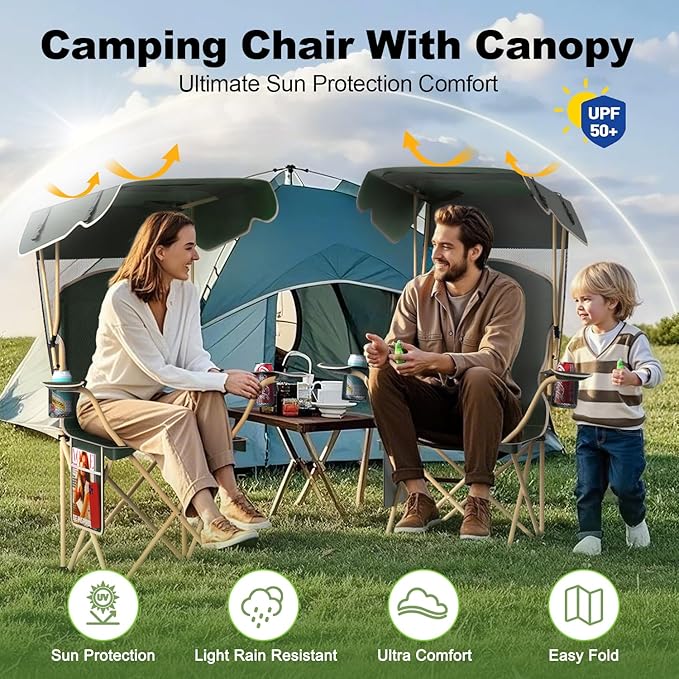 VTOY Portable Camping Chair with Canopy - Folding Chair with Canopy, Durable 600D Oxford Canopy Chair for Camping, Beach, Picnics, Fishing & Sports