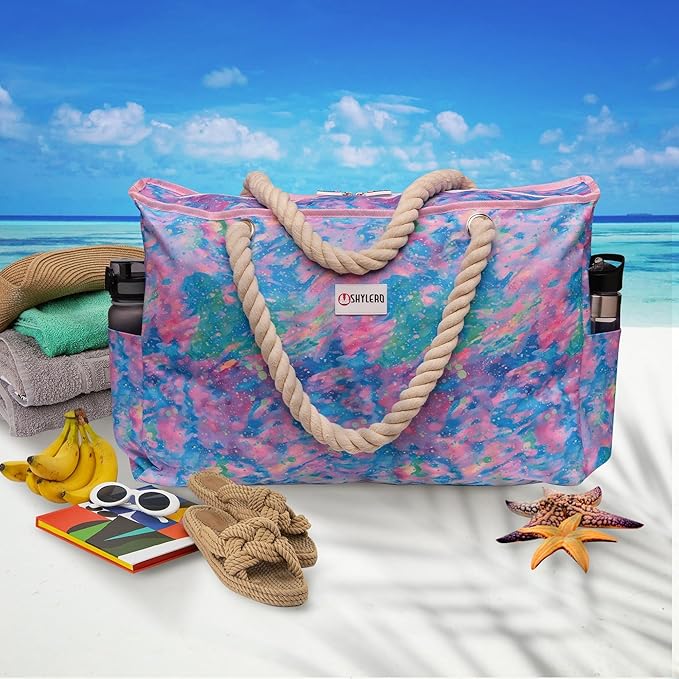 Beach Bag and Pool Bag Has Cooler Pocket, 7 Pockets Total, Zip Top. Family Size Waterproof Beach Tote