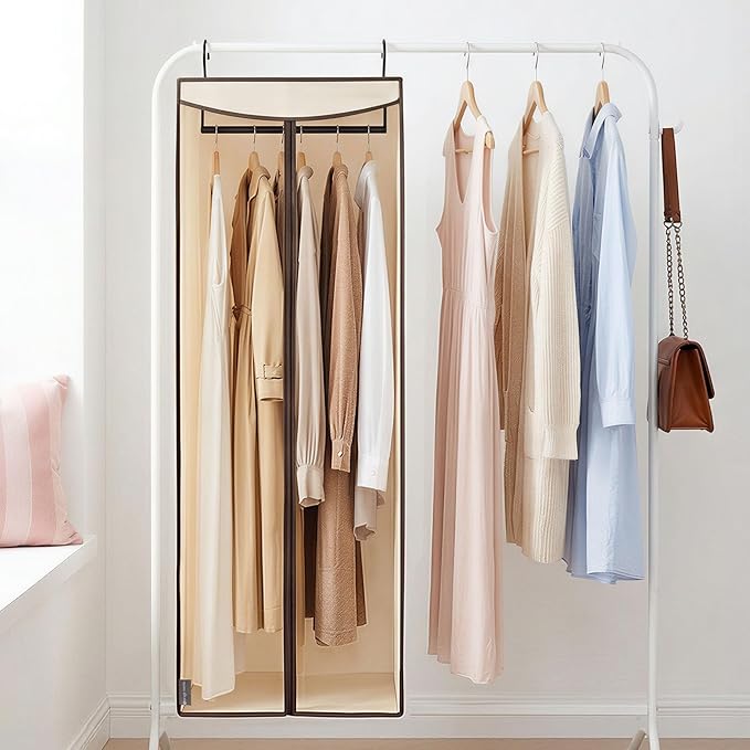 STORAGE MANIAC 57" Long Garment Bags for Hanging Clothes Garment Cover for Closet Storage, Large Hanging Garment Bag for Dresses, Suits, Coats, Zipper Cover with Sealed Clear Window, Beige 2 Pack