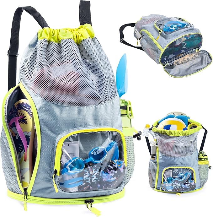 Mesh Drawstring Backpack with Shoe Compartment, Sandproof Beach Swim Bag with Wet Pocket, Pool Gym Shower Bag for Travel Summer Camp