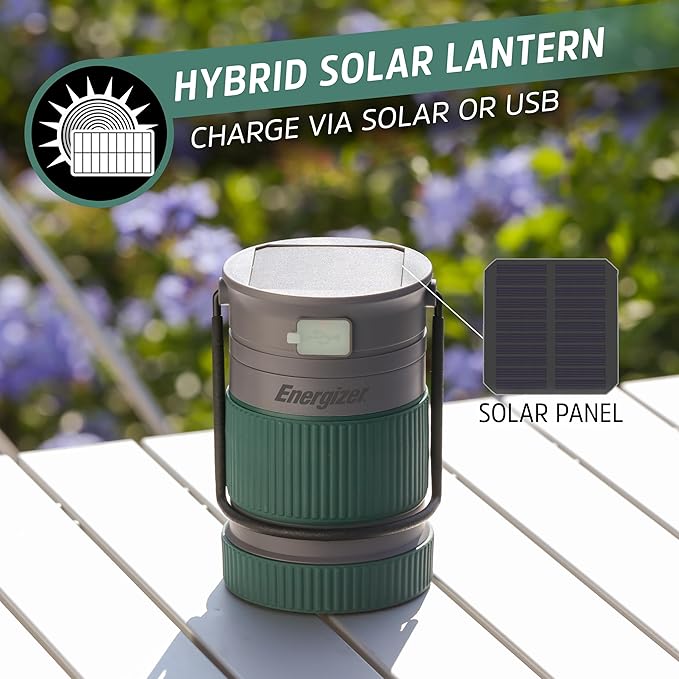 Energizer S-500 Hybrid Power Camping Lantern, Solar, Rechargeable, or AA Battery Powered, IPX4 Water Resistant Bright LED Lantern