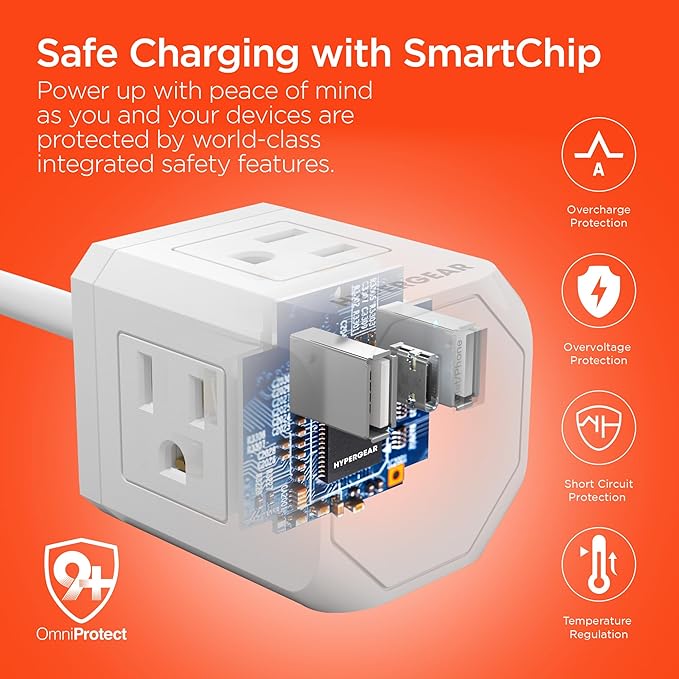 HyperGear Surge Protector Multi Plug 6-in-1 Wall Extension Cord - Multiple Wall Plug Extension Outlet Splitter, Multiplug Electric Power Extender, Electrical Multi-Outlets Power Socket