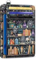 Yonlevres Goth Bookshelf Credit Card Holder RFID Wallet Women, Slim Wallet Front Pocket Small Card Holder, Funny Skull Gothic Case Organizer with ID Window PU Leather Witchy Gifts for Woman Girls