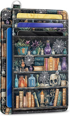Yonlevres Goth Bookshelf Credit Card Holder RFID Wallet Women, Slim Wallet Front Pocket Small Card Holder, Funny Skull Gothic Case Organizer with ID Window PU Leather Witchy Gifts for Woman Girls