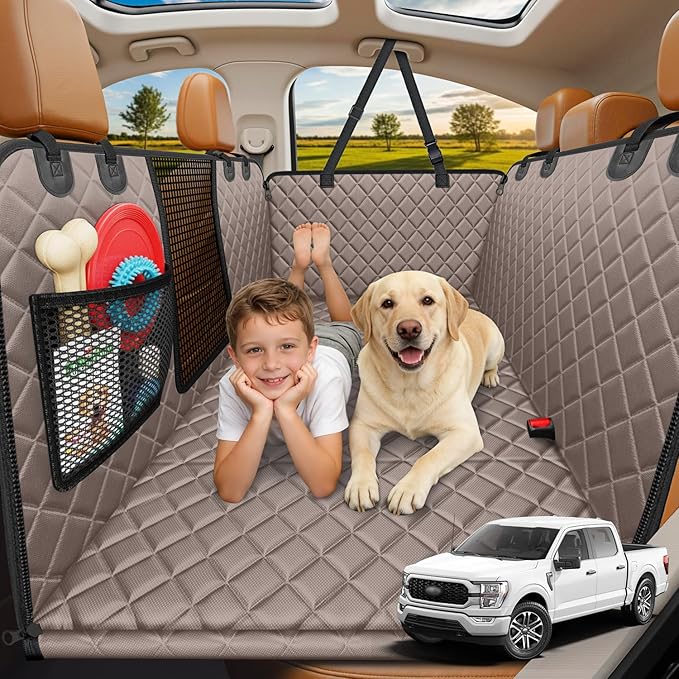 URPOWER XL Dog Backseat Extender for Full-Size Crew Cab Truck, Hard Bottom Dog Car Seat Cover for Back Seat Holds 400lbs, Waterproof Dog Hammock Pet Rear Seat Protector Travel Bed for F150 / Silverado