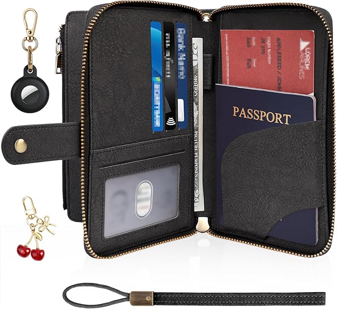 RFID Blocking Passport Wallet, Anti Theft PU Texture Passport Pouch with Tracker Case, Travel Document Organizer Zipper Wallet with Wrist Strap & Keychain, Gifts for Women and Men (Black)