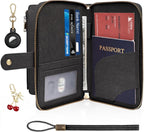RFID Blocking Passport Wallet, Anti Theft PU Texture Passport Pouch with Tracker Case, Travel Document Organizer Zipper Wallet with Wrist Strap & Keychain, Gifts for Women and Men (Black)