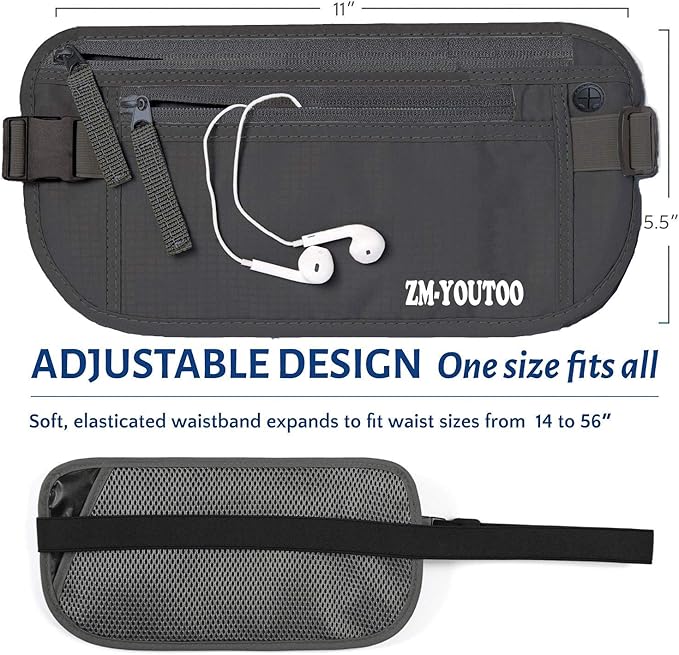 ZM-YOUTOO Money Belt for Travel - Hidden Travel Pouch Protect Your Credit and Money With RFID Blocking Passport Holder Waist Wallet (gray)