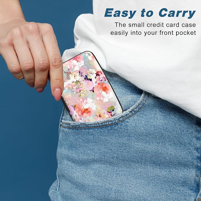 Credit Card Holder, Mini Aluminum Card Wallet RFID Blocking Slim Metal Hard Card Case for Women Men, Pink Flowers