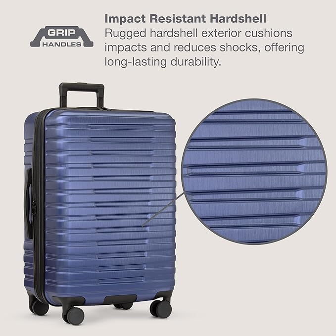 U.S. Traveler Boren Expandable Hardside Rugged Travel Luggage with 8 Spinner Wheels, Navy, Checked-Medium 26-Inch