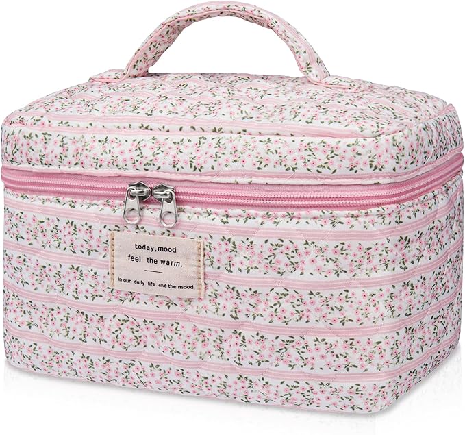 Gosect Large Makeup Bag, Cute Cosmetic Bag for Women Girls, Floral Coquette Aesthetic Toiletry Bag, Travel Make Up Organizer Bag(Small Pink Floral