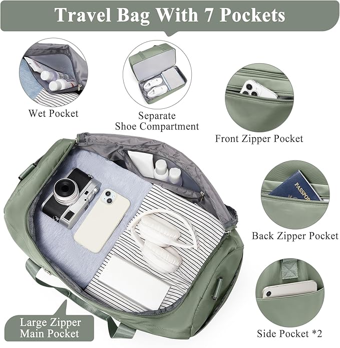 Large Travel Duffle Bag,Carry on Overnight Weekend Bag with Shoes Compartment,Weekender Bags for Women for Travel Business Trips Sport Hospital,3 Pcs Set,Olive Green
