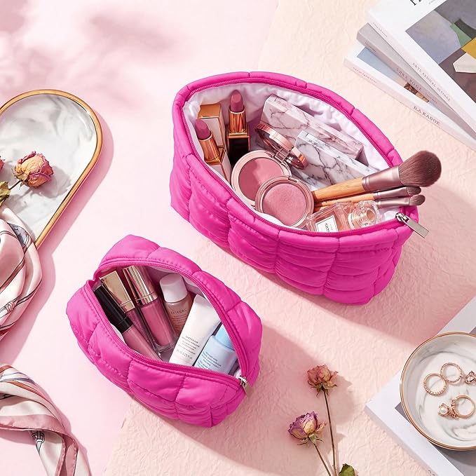 Huhumy 2 Pcs Puffy Makeup Bag Quilted Cosmetic Pouch for Women Cute Checkered Travel Toiletry Bag Puffer Makeup Organizer Purse Pouch Preppy Pencil Case with Zipper(Hot Pink)