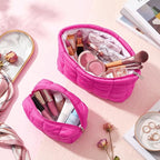 Huhumy 2 Pcs Puffy Makeup Bag Quilted Cosmetic Pouch for Women Cute Checkered Travel Toiletry Bag Puffer Makeup Organizer Purse Pouch Preppy Pencil Case with Zipper(Hot Pink)