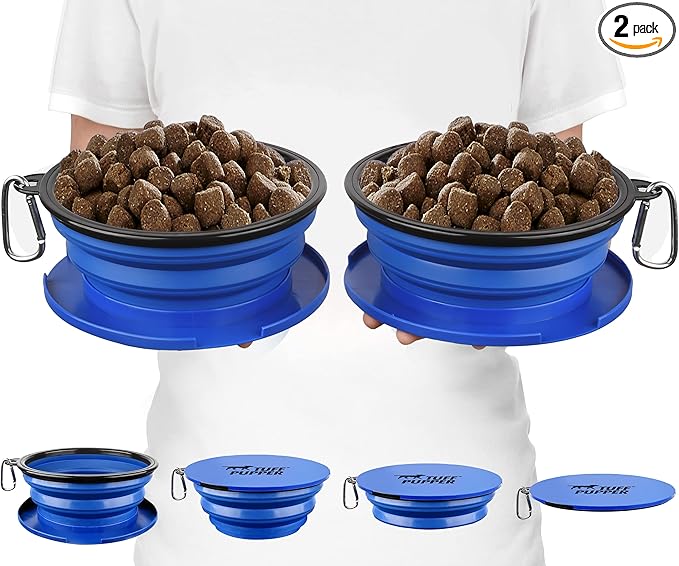 Tuff Pupper SuperBigSlurp Collapsible Dog Bowls | Two Pack Bowls | Extra Large Capacity | Portable, Food Safe, Odorless | Non-Toxic Silicone [Two Pack Blue Bowls 60oz]