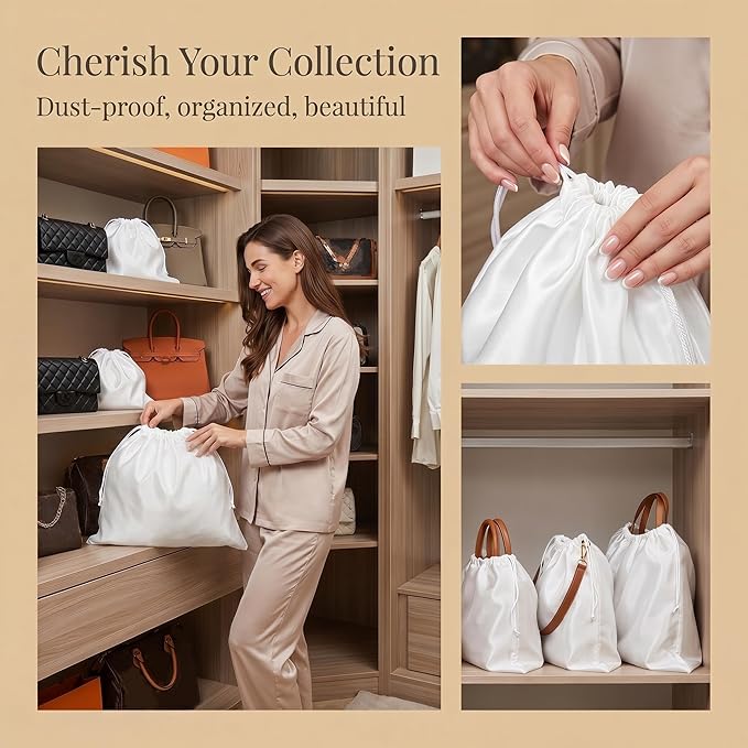 Peohud 9 Pack Dust Cover Storage Bags, Purse Dust Bags with Drawstring, Large Silk Cloth Travel Storage Pouch for Handbags Shoulder Bags Purses Shoes Luggage