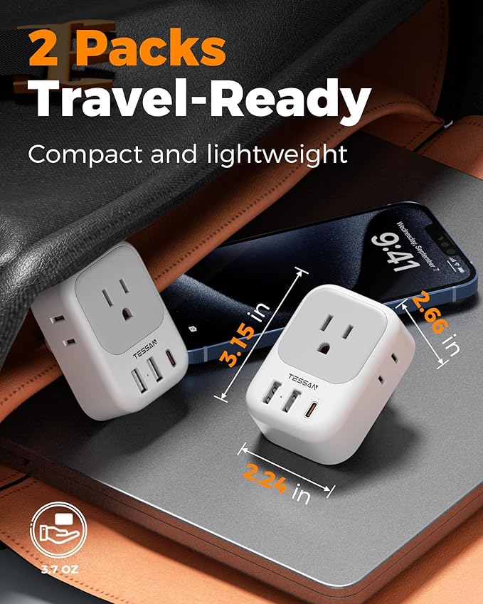 TESSAN Brazil Plug Adapter 2 Pack, 7 in 1 US to Brazil Power Adapter with 3 USB Ports (1 USB-C PD 20W Port) 4 American Outlets, Type N Travel Adaptor for USA to Brazilian