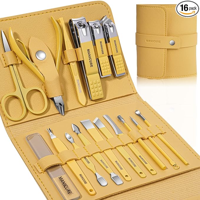 Manicure Set Professional Nail Clippers Pedicure Kit, 16 pcs Stainless Steel Nail Care Tools Grooming Kit with Luxurious Travel Leather Case for Thick Nails Men Women Gift (Yellow)