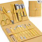 Manicure Set Professional Nail Clippers Pedicure Kit, 16 pcs Stainless Steel Nail Care Tools Grooming Kit with Luxurious Travel Leather Case for Thick Nails Men Women Gift (Yellow)
