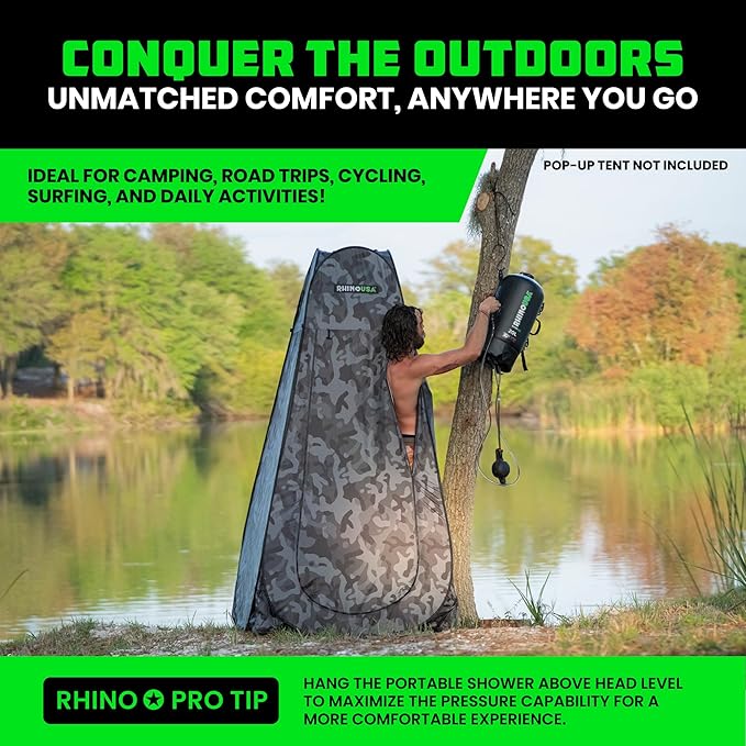 Rhino USA 5 Gal / 20L Portable Solar Camp Shower - Essential for Camping, Festivals, Overlanding, Beach Trips, Outdoor Shower and more!