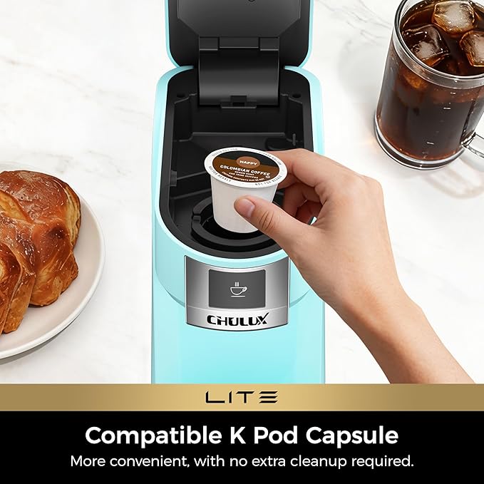 CHULUX Lite Single Serve Coffee Maker for K Cup Capsules, Single Cup Reservoir Coffee Maker with One Touch Brewing, 5 to 12 Oz Brew Sizes, Designed Specifically for Standard Mugs, Cyan