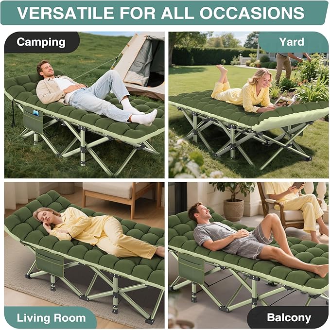 ZENPETIO Oversized XXL Folding Camping Cot, Heavy Duty Sleeping Cot for Adults with Mattress and Pillow, Portable Cot Bed with Carry Bag for Outdoor Camp Travel Home Guest Office, Green