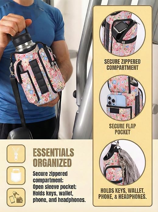 Magnetic Gym Bag for Women Men, Neoprene Water Bottle Carrier Bag with Strap fits 18-40oz, Crossbody Bag with Pockets