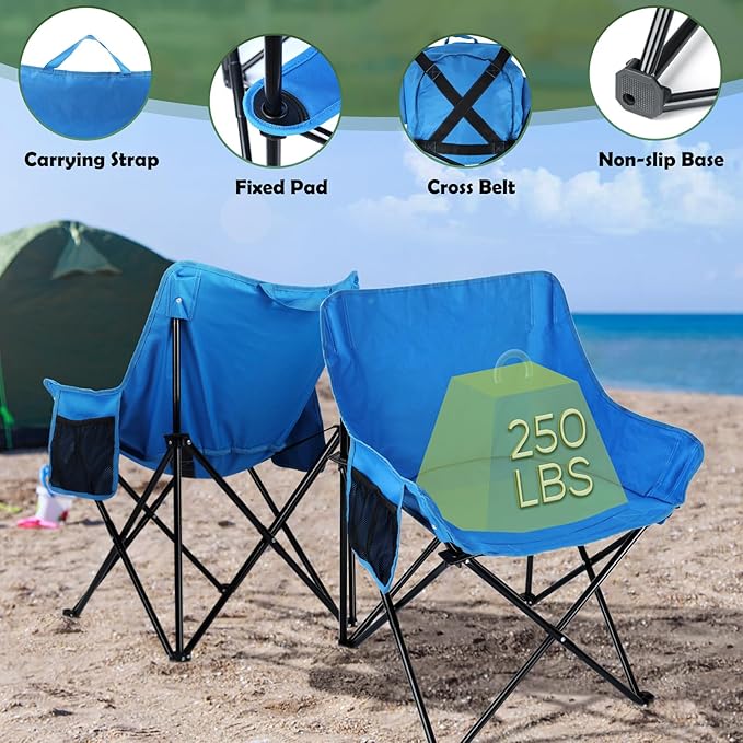 HaSteeL Camping Chair for Adults, Compact Folding Portable Chairs Set with Side Pockets for Outdoors Fishing, Hiking, Backpacking, Picnic, Beach, Travel, Supports to 250lbs, & Storage Bags (Blue)
