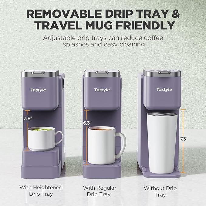 Tastyle Single Serve Coffee Maker with Built-in Detachable Milk Frother, Iced and Hot Coffee Machine for K Cup & Grounds, 40oz Removable Water Reservoir, 6 Cup Sizes, Fits 7.3" Travel Mug, Purple
