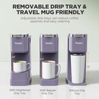 Tastyle Single Serve Coffee Maker with Built-in Detachable Milk Frother, Iced and Hot Coffee Machine for K Cup & Grounds, 40oz Removable Water Reservoir, 6 Cup Sizes, Fits 7.3" Travel Mug, Purple