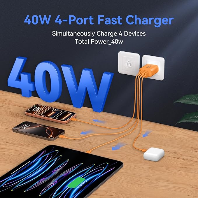 USB C Wall Fast Charger Block, 40W 4-Port Type C Charger Fast Charging Blocks +QC 3.0 USB C Multiport Charger Brick for Phone 17/16/15/14/13/12 Pro Max, Pad, Cosmic Orange