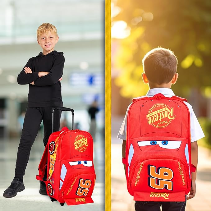 Disney Cars Lightning McQueen Carry-On Luggage with Wheels & Telescopic Handle for Kids 17”– 18.5L, Lightweight Travel Bag for Boys & Girls, Trips & Vacation Gifts