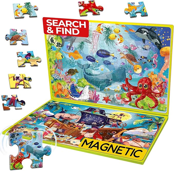 QUOKKA Magnetic Puzzles for Kids Ages 4-6 – 100 PCS Magnetic Puzzle Book for Toddlers 3-5 – 2 Puzzles & 2 Spot The Difference Maps – Search & Find Travel Games – Activity Book Toy Ocean & Pirates