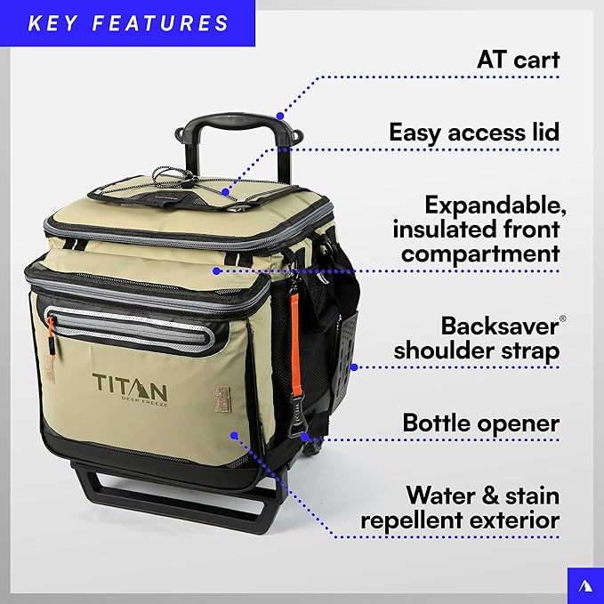 Titan by Arctic Zone Collapsible Wheeled Soft Sided Cooler with Detachable Rolling AT Cart, Insulated Bag with Leak Proof Lining, for Travel, Beach, Picnic, 60 Can Capacity