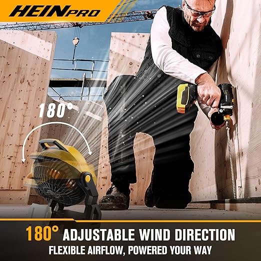 HEINPRO Battery Powered Fan Compatible with Dewalt 20V Max Battery with AC Adapter (No Battery) Up to 650CFM, Variable Speed, Low Noise 30dB, Portable Cordless Fan for Camping, Jobsite