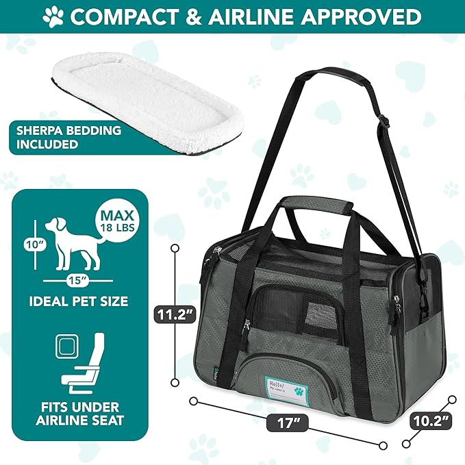 PetAmi Airline Approved Pet Carrier for Cats & Small Dogs, Soft Sided TSA Travel Carrier Bag Sherpa Bed, Breathable Mesh Ventilation, Collapsible Bowl, Fits Under Seat, Up to 18 lbs, Small Dark Gray