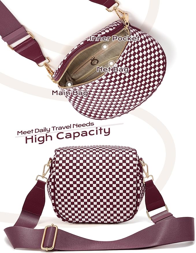 Trendy Woven Checkered Crossbody Bum Bag for Women，PU Leather Checkered Purse Fanny Packs Belt Bag (Woven Bum Bag - Wine Red White)