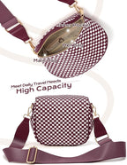 Trendy Woven Checkered Crossbody Bum Bag for Women，PU Leather Checkered Purse Fanny Packs Belt Bag (Woven Bum Bag - Wine Red White)