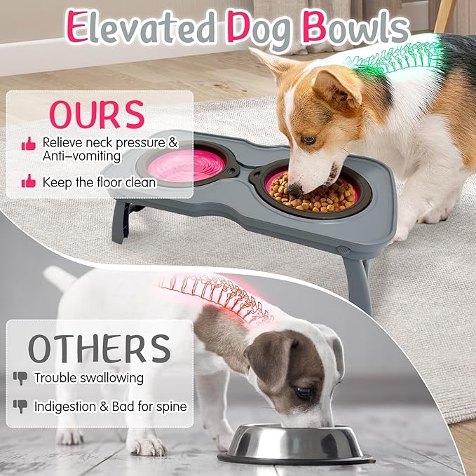 PINVNBY Elevated Dog Bowls Portable Raised Dog Bowl Stand with 2 Collapsible Silicone Food Bowl Non-Slip Travel Bowls for Small Dogs and Cats (14.6" L x 3.9" W x 3.9" H)