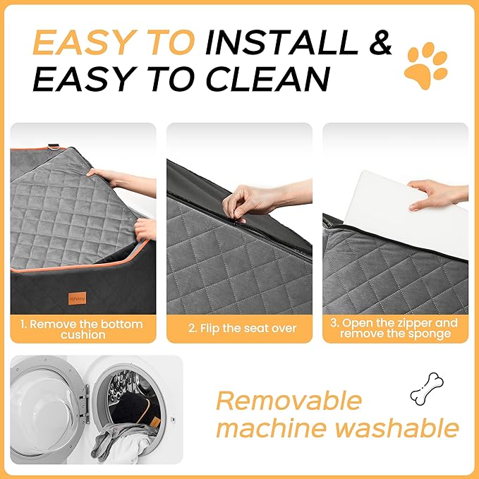 HiPetpy Dog Car Seat Elevated Memory Foam Booster Seat for Large Medium Dogs Under 55 lbs with Pet Blanket, Washable Pet Car Seat with Safety Leash, Anti-Slip Base and Storage Pockets