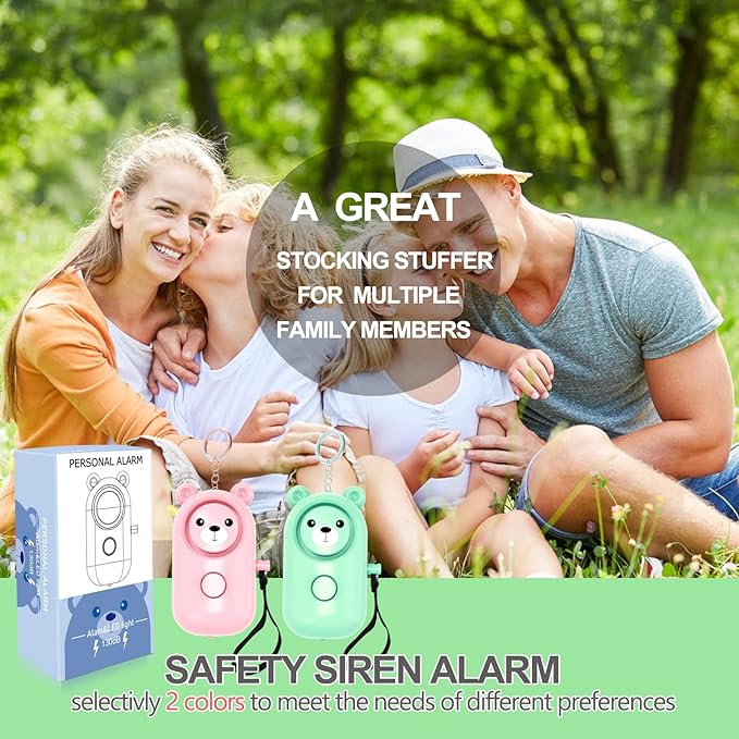 Personal Alarm Keychain 130dB 2 Pack, Multi-Function with LED Light, Safety Loud Self Defense for Women Girl Kids Elderly, Portable Security Cute Safe Sound Siren (Green+Pink)