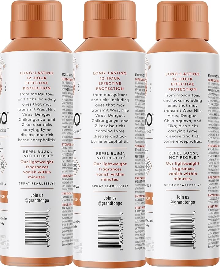 Grand Tongo Citrus + Sandalwood Insect Repellent, 12-Hour Mosquito & Tick Protection, Picaridin-Based, Water-Based, Lightweight, Quick-Drying, Vanishing Scent, DEET Alternative, Face & Body Use,3 Pack