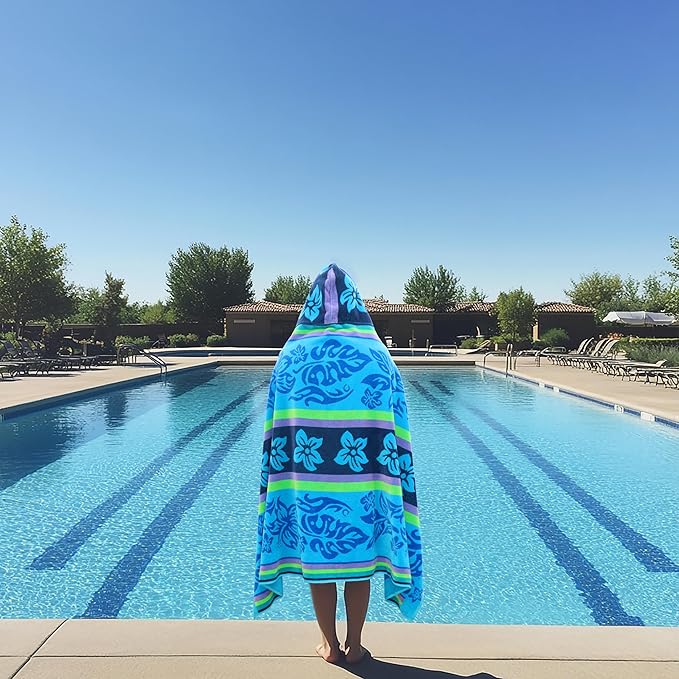 COTTON CRAFT Hooded Beach Towel for Adults – Oversized 39x68 Towel with Hood - 100% Cotton Velour Terry Jacquard Pool Bath Wrap - 450 GSM Soft Absorbent Quick Dry – Tropical Hibiscus Aqua Blue Purple