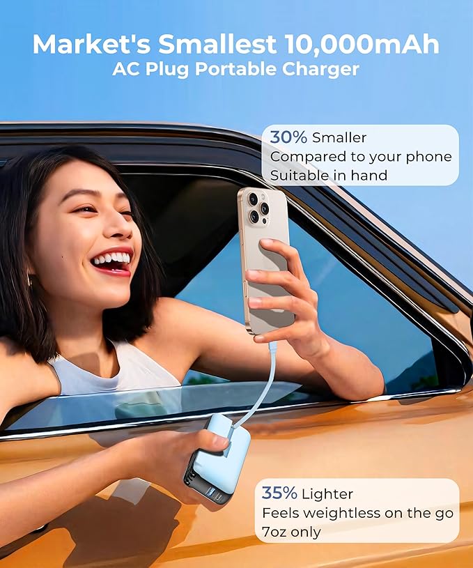 JOYFAR Portable Charger with Built-in USB-C Cable & Plug, 10,000mAh 5V/4.5A Power Bank Fast Charging 22.5W, Travel Essential Battery Pack 3 Output for iPhone 16/15 Series, Samsung Galaxy, iPad, 1 Pack